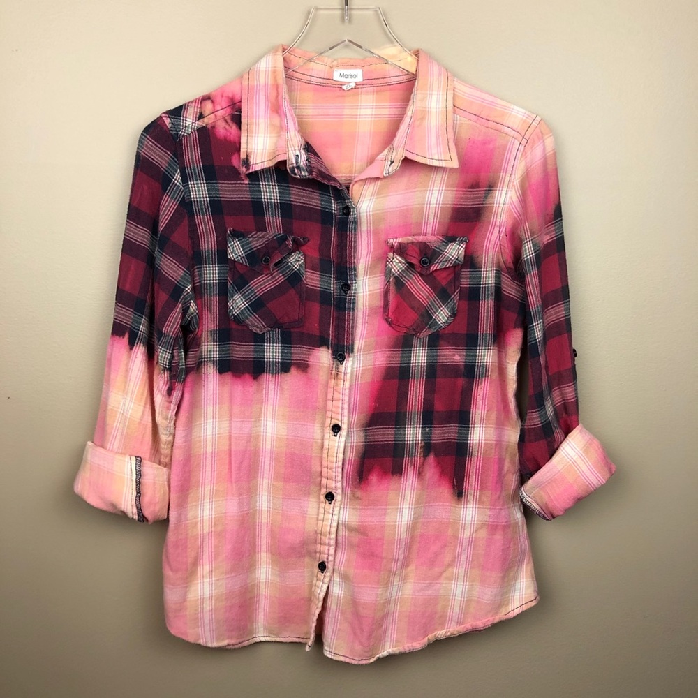 CUSTOM Bleached Distressed Dip Dyed Upcycled Flannel Sz XL Red Pink Plaid
